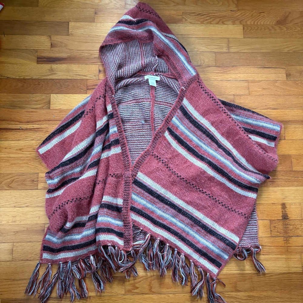Striped Hooded Fringe Sweater poncho - rust and Gray